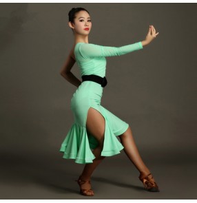 Neon mint green fuchsia hot pink one shoulder long sleeves side split  sexy women's competition professional performance latin samba dance dresses